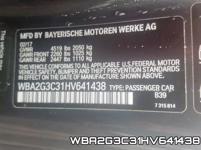 WBA2G3C31HV641438 фото 2