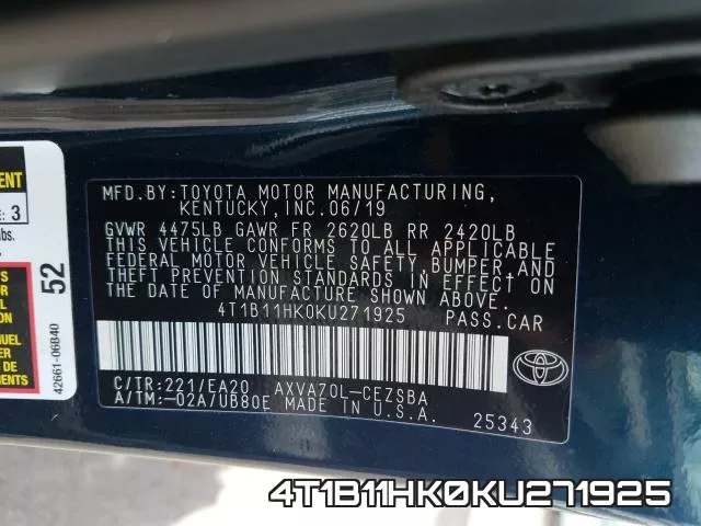 4T1B11HK0KU271925 фото 2