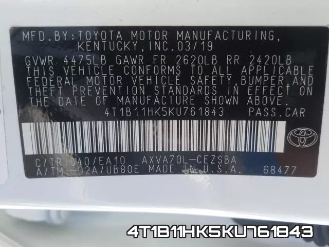 4T1B11HK5KU761843 фото 2