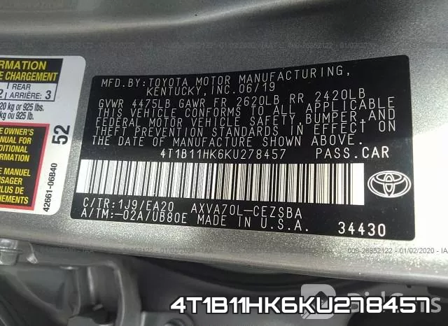 4T1B11HK6KU278457 фото 10