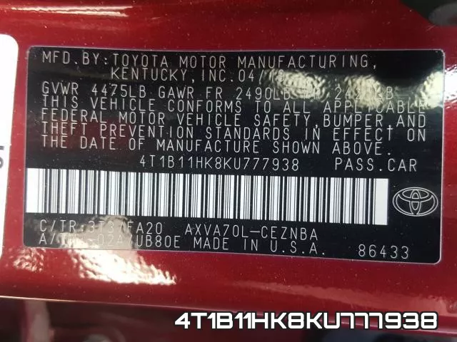 4T1B11HK8KU777938 фото 2