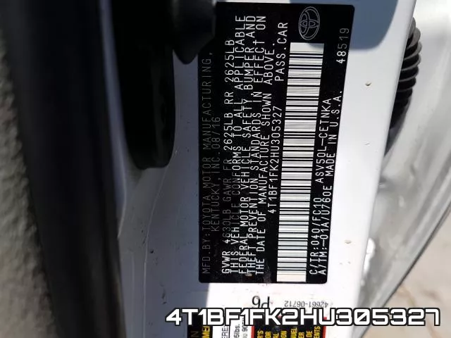 4T1BF1FK2HU305327 фото 2
