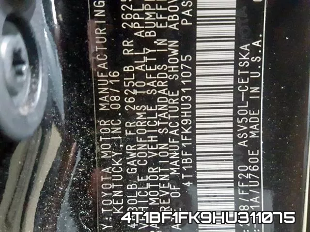 4T1BF1FK9HU311075 фото 2