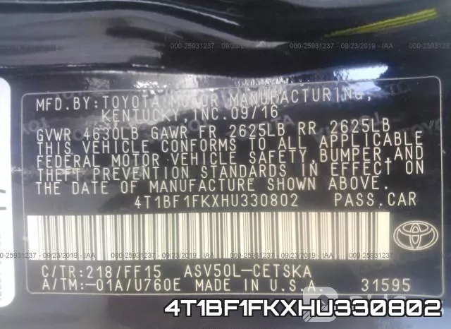 4T1BF1FKXHU330802 фото 10