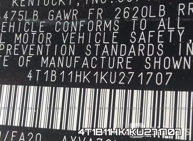 4T1B11HK1KU271707 фото 10