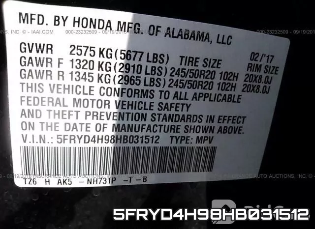 5FRYD4H98HB031512 фото 10