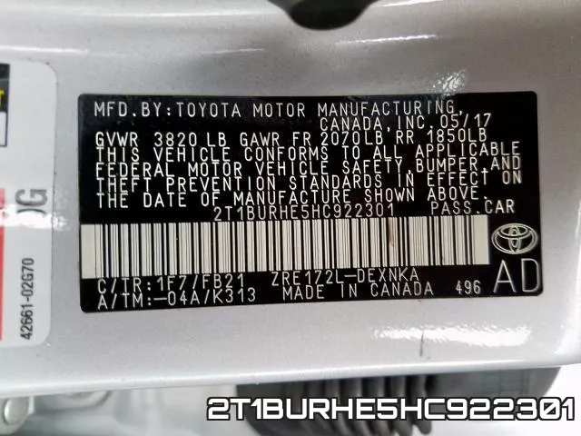 2T1BURHE5HC922301 фото 2