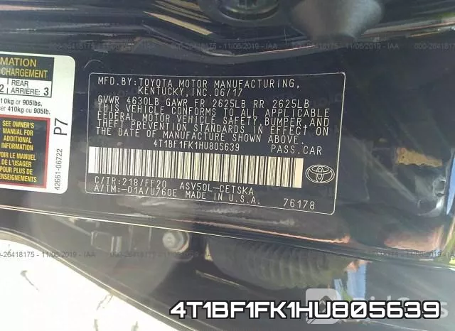 4T1BF1FK1HU805639 фото 10