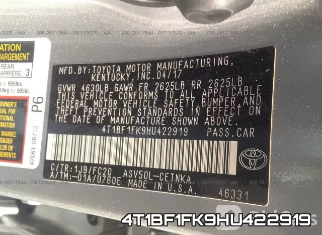 4T1BF1FK9HU422919 фото 10