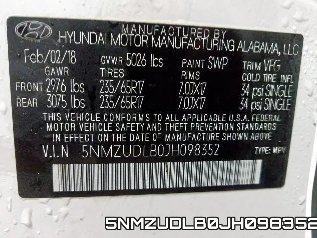 5NMZUDLB0JH098352 фото 2