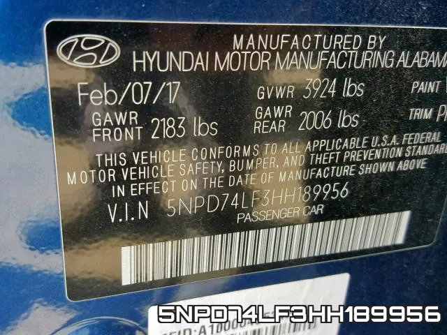 5NPD74LF3HH189956 фото 2