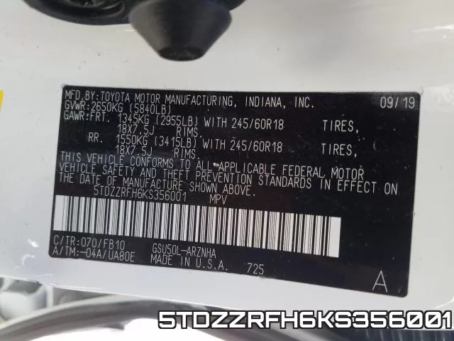 5TDZZRFH6KS356001 фото 2