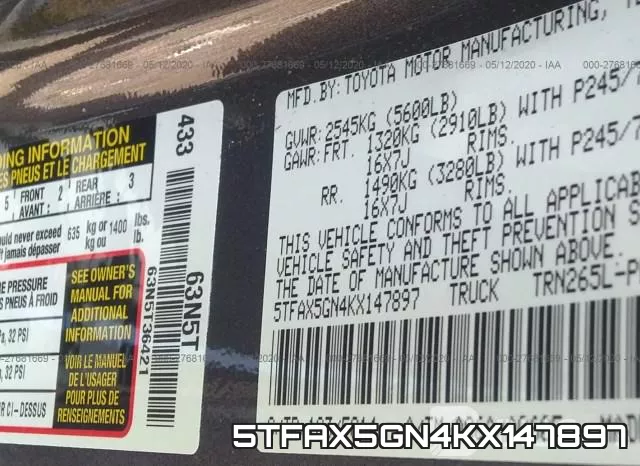 5TFAX5GN4KX147897 фото 10