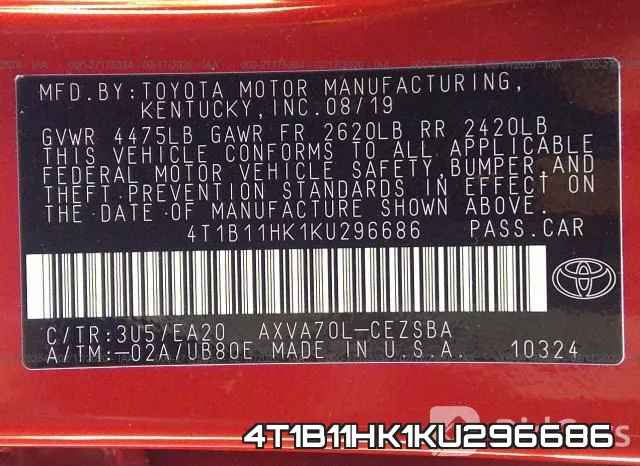 4T1B11HK1KU296686 фото 10