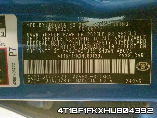 4T1BF1FKXHU804392 фото 2