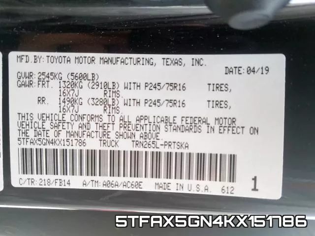 5TFAX5GN4KX151786 фото 2