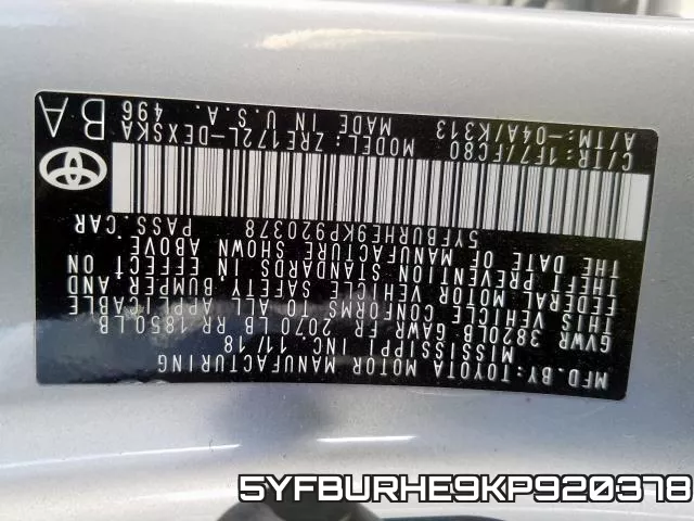 5YFBURHE9KP920378 фото 2