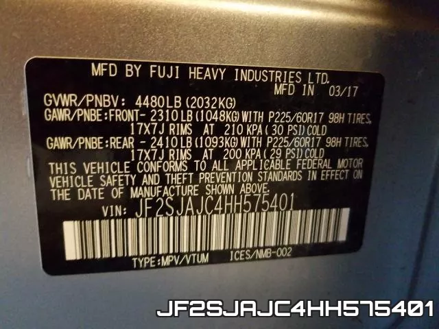 JF2SJAJC4HH575401 фото 2