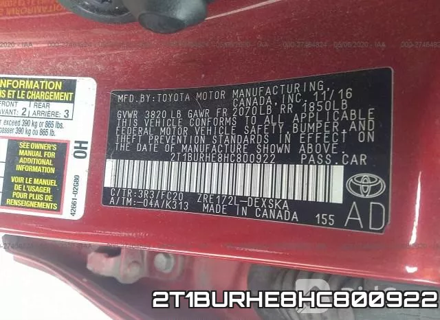 2T1BURHE8HC800922 фото 10