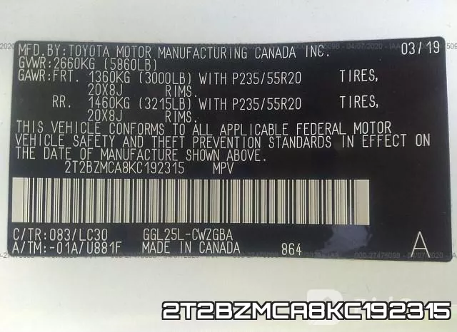 2T2BZMCA8KC192315 фото 10