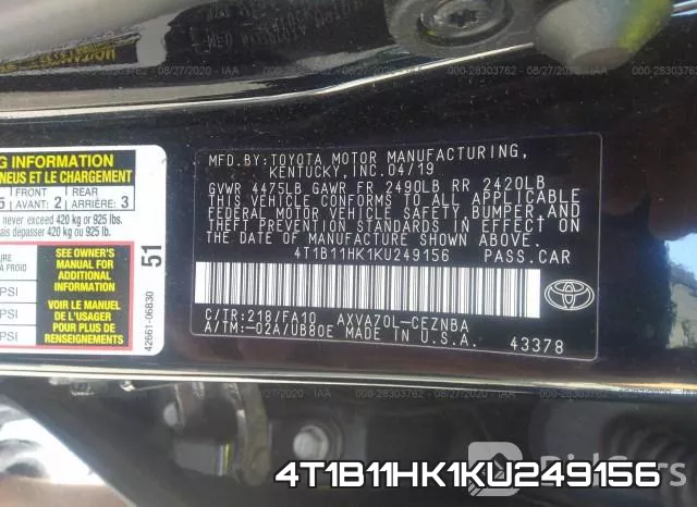 4T1B11HK1KU249156 фото 10