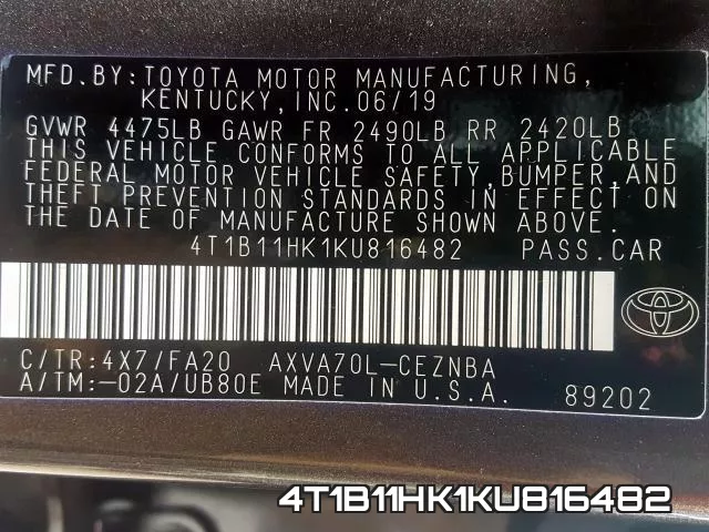 4T1B11HK1KU816482 фото 2