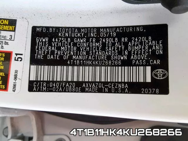 4T1B11HK4KU268266 фото 2