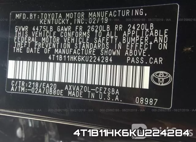 4T1B11HK6KU224284 фото 10