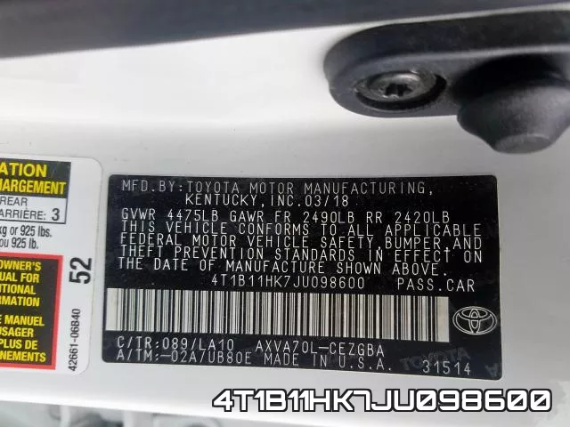 4T1B11HK7JU098600 фото 2