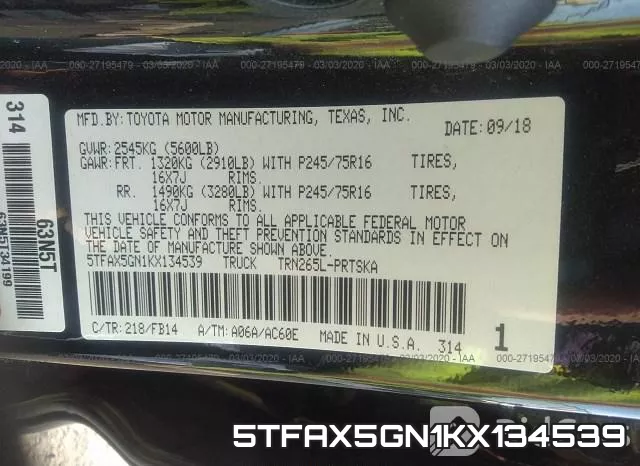 5TFAX5GN1KX134539 фото 10