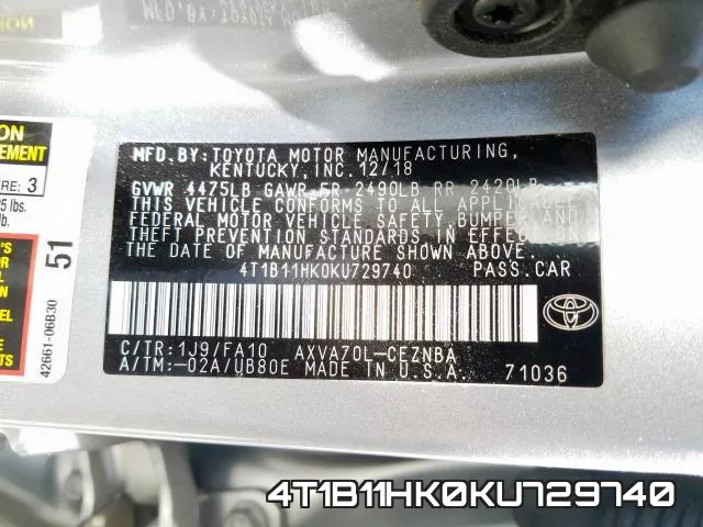 4T1B11HK0KU729740 фото 2