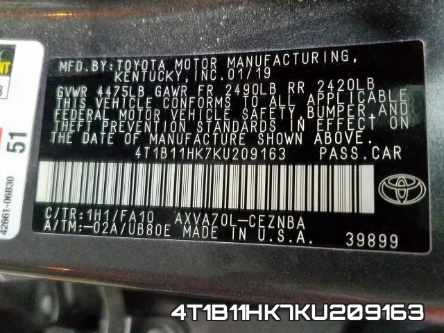 4T1B11HK7KU209163 фото 2