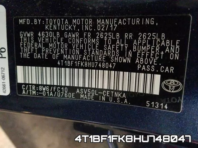 4T1BF1FK8HU748047 фото 2