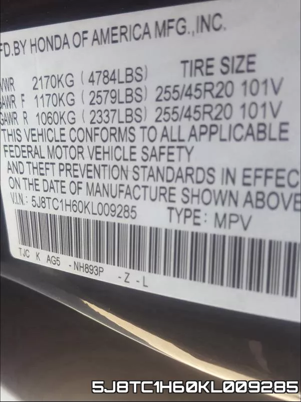 5J8TC1H60KL009285 фото 2