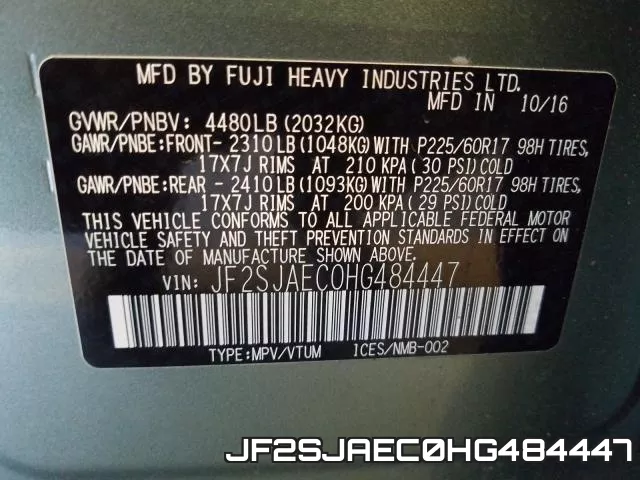 JF2SJAEC0HG484447 фото 2