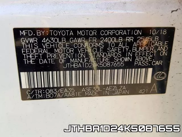 JTHBA1D24K5087655 фото 2