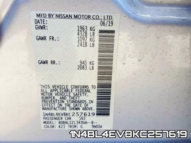 1N4BL4EV8KC257619 фото 2