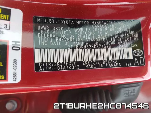 2T1BURHE2HC874546 фото 2