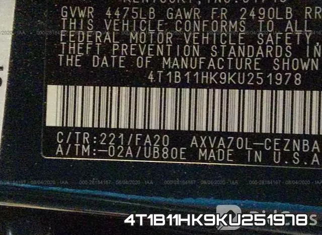 4T1B11HK9KU251978 фото 10
