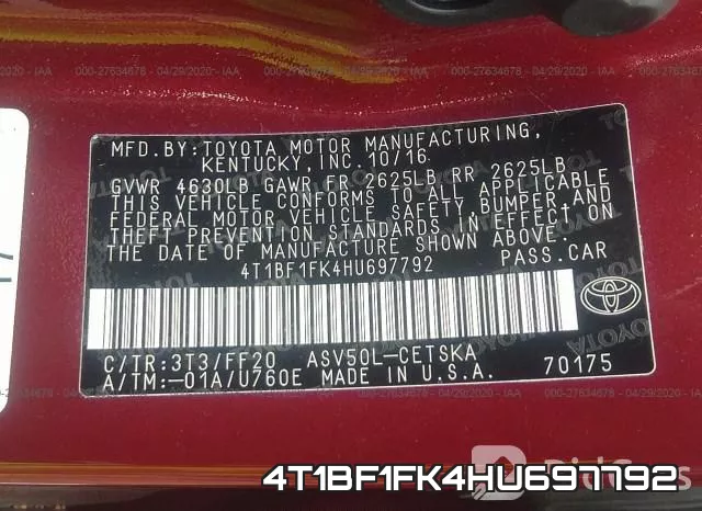4T1BF1FK4HU697792 фото 10
