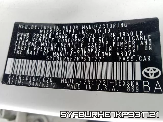 5YFBURHE7KP931721 фото 2