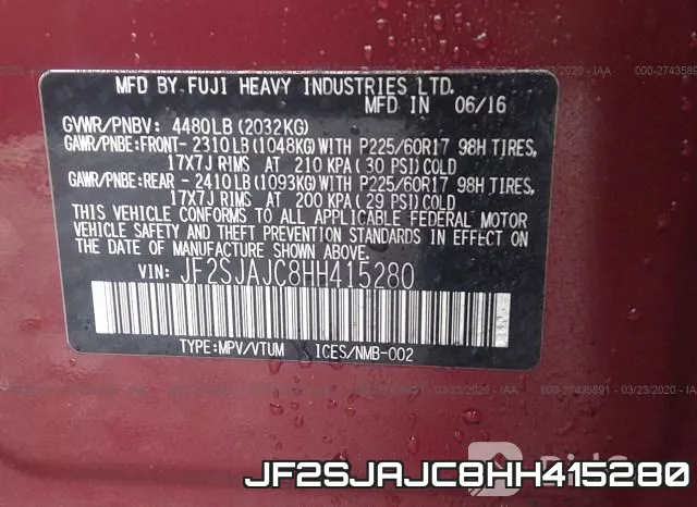 JF2SJAJC8HH415280 фото 10