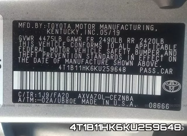 4T1B11HK6KU259648 фото 10