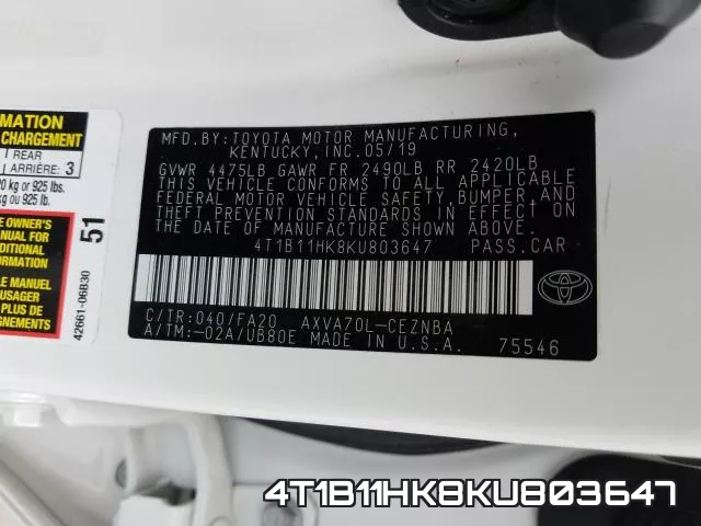 4T1B11HK8KU803647 фото 2