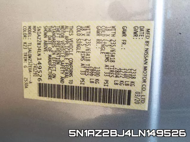5N1AZ2BJ4LN149526 фото 2