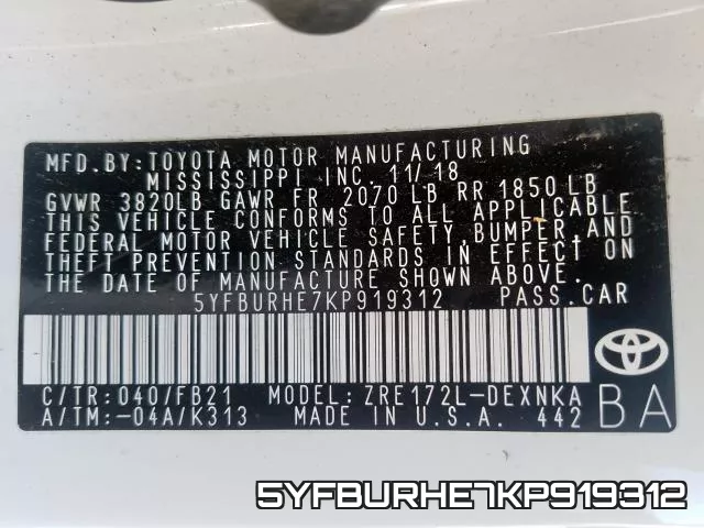 5YFBURHE7KP919312 фото 2
