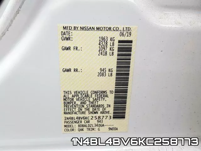 1N4BL4BV6KC258773 фото 2
