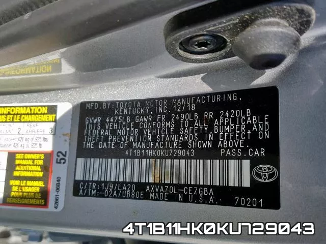 4T1B11HK0KU729043 фото 2