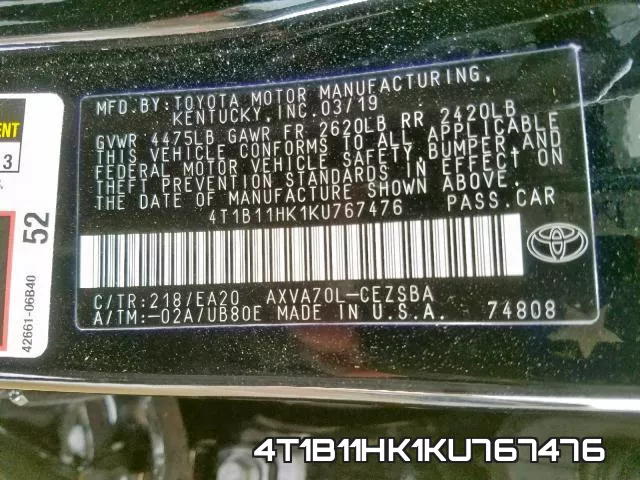 4T1B11HK1KU767476 фото 2