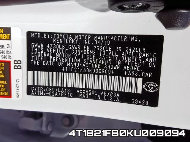 4T1B21FB0KU009094 фото 2